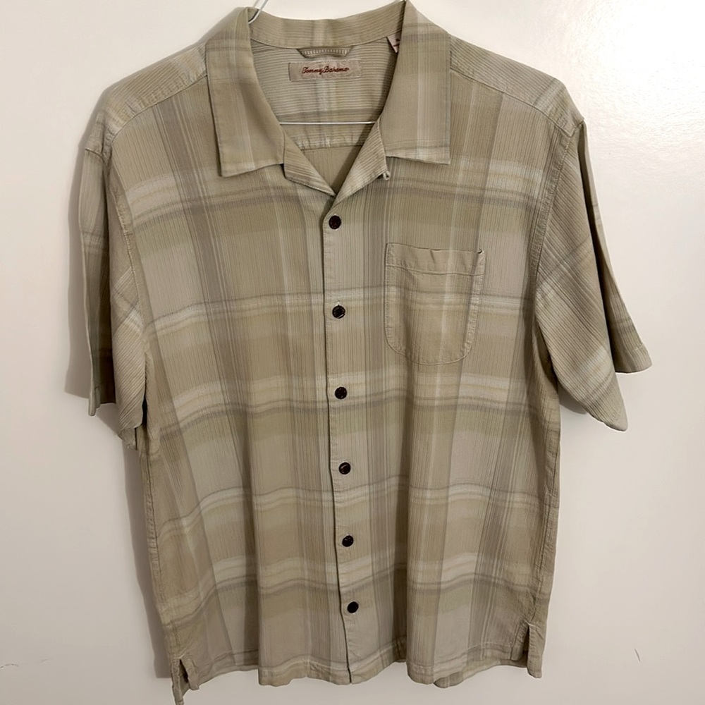 Tommy Bahama 100% Silk Short Sleeve Island Hawaiian Plaid Shirt Sz XL/TG